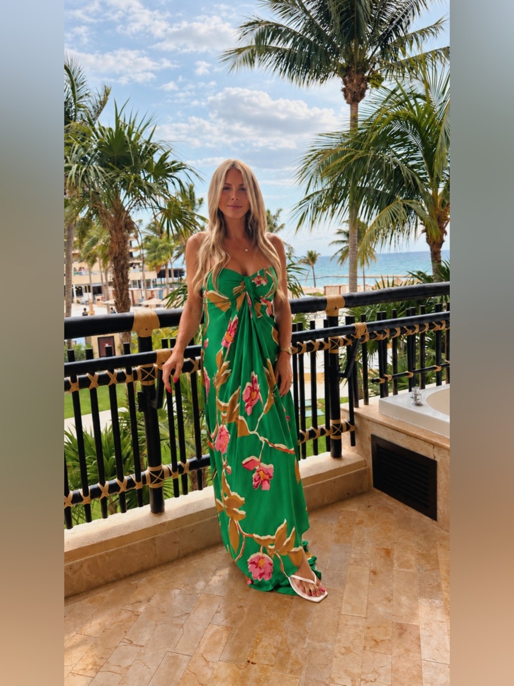 Anthropologie ATSU Strapless Sash Maxi Dress Green Floral Sundress Vacation Sz S